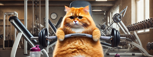 un chat roux obèse dans une salle de musculation.