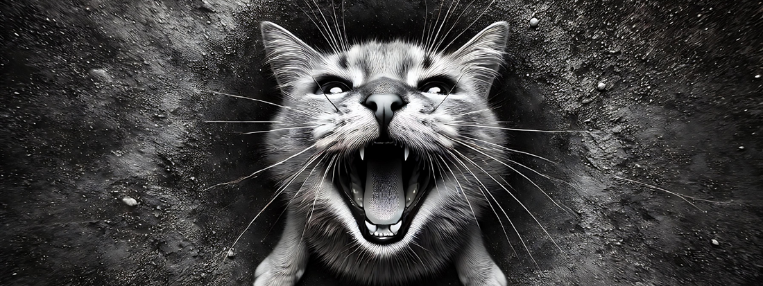 un chat blanc et gris nous regarde en miaulant