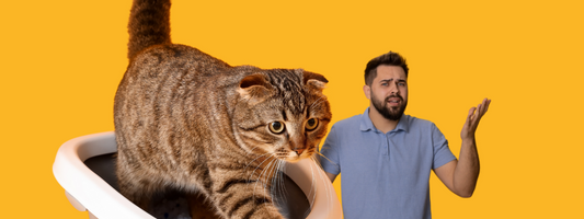 chat qui fait dans une litiere un homme se demande pourquoi en levant les bras