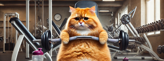 un chat roux obèse dans une salle de musculation. 