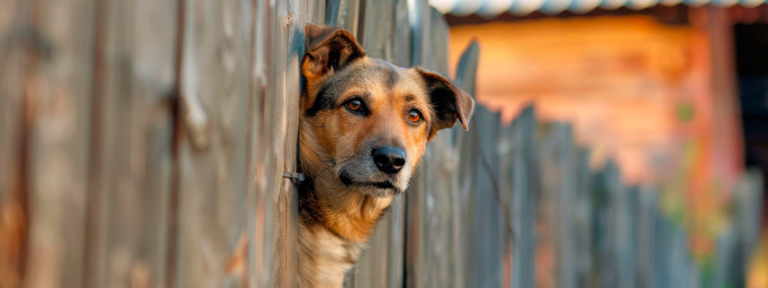 un chien nous regarde , il a la tête à travers une palissade en bois 