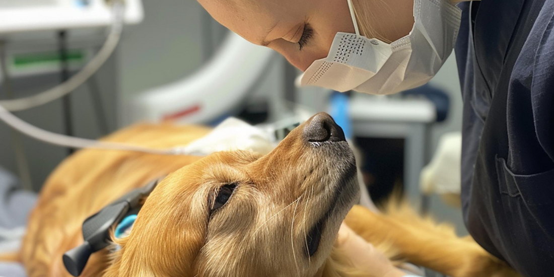 un chienne labrador sur une table d'operation avec une vétérinaire