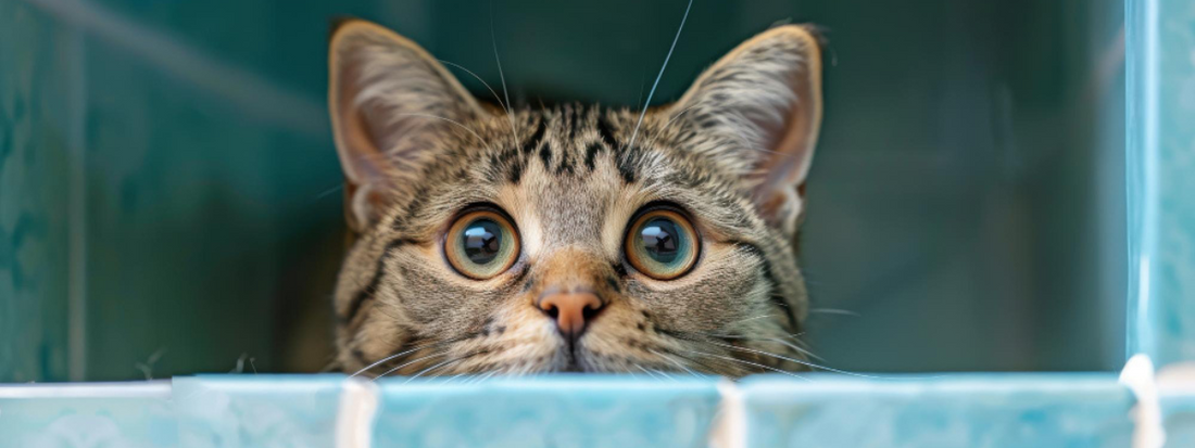 un chat sur du carrelage turquoise nous regarde