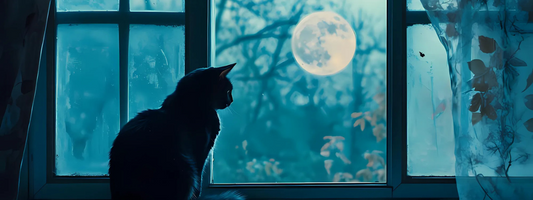 un chat une nuit de pleine lune  sur un rebord de fenêtre 