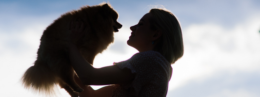 une femme porte un petit chien et le regarde dans les yeux à contre jour 