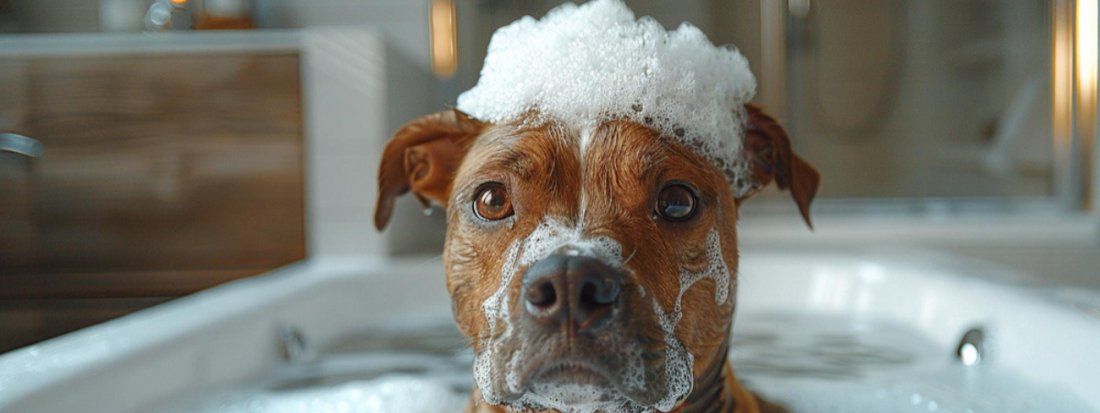 un chien dans un bain il a de la mousse sur la tête 